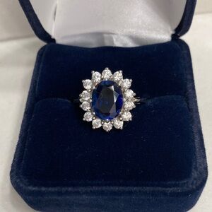 Elegant Blue Sapphire and Synthetic Diamond Sterling Silver Women's Ring